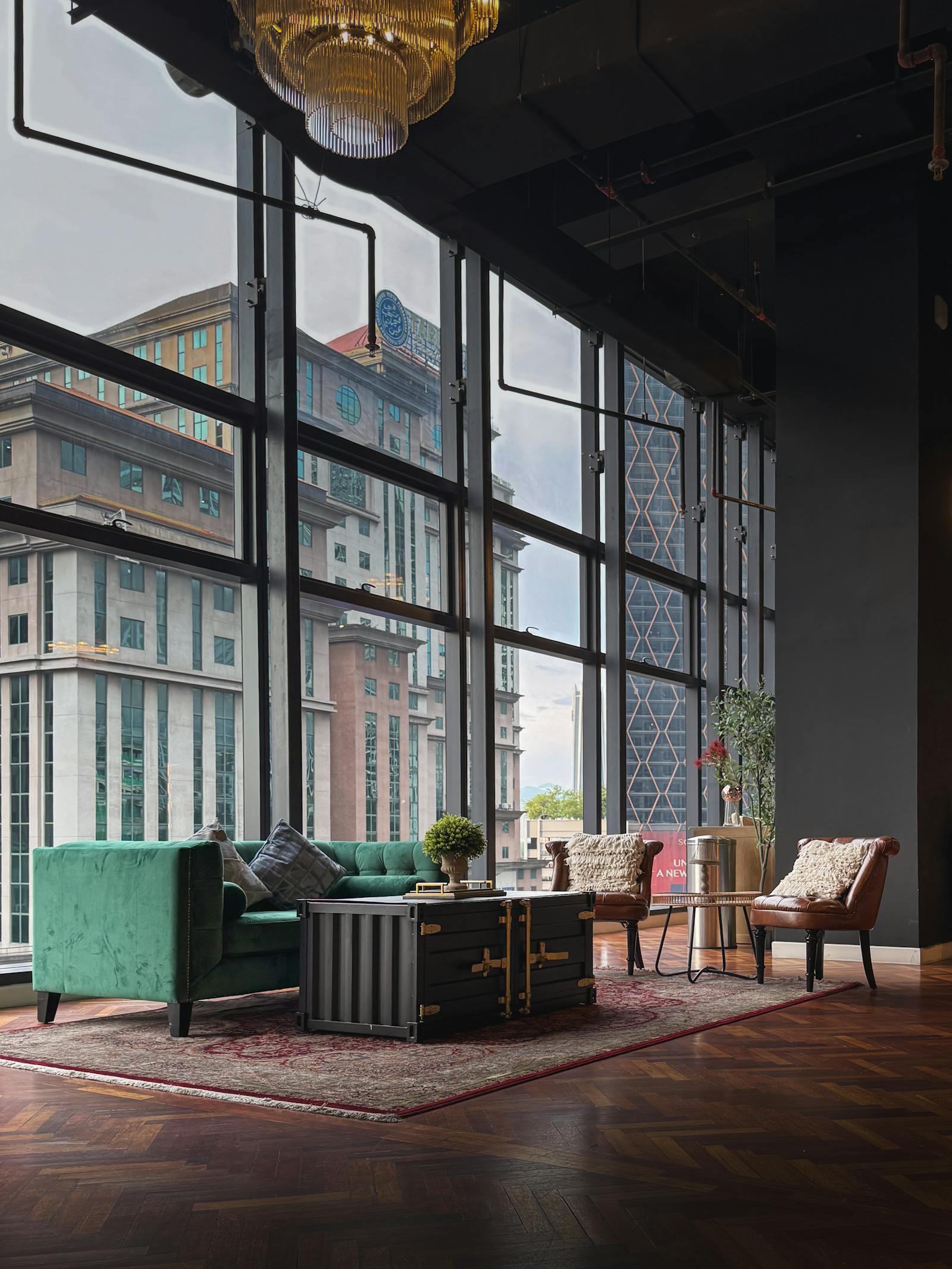 Elegant luxury penthouse lounge area with panoramic cityscape views