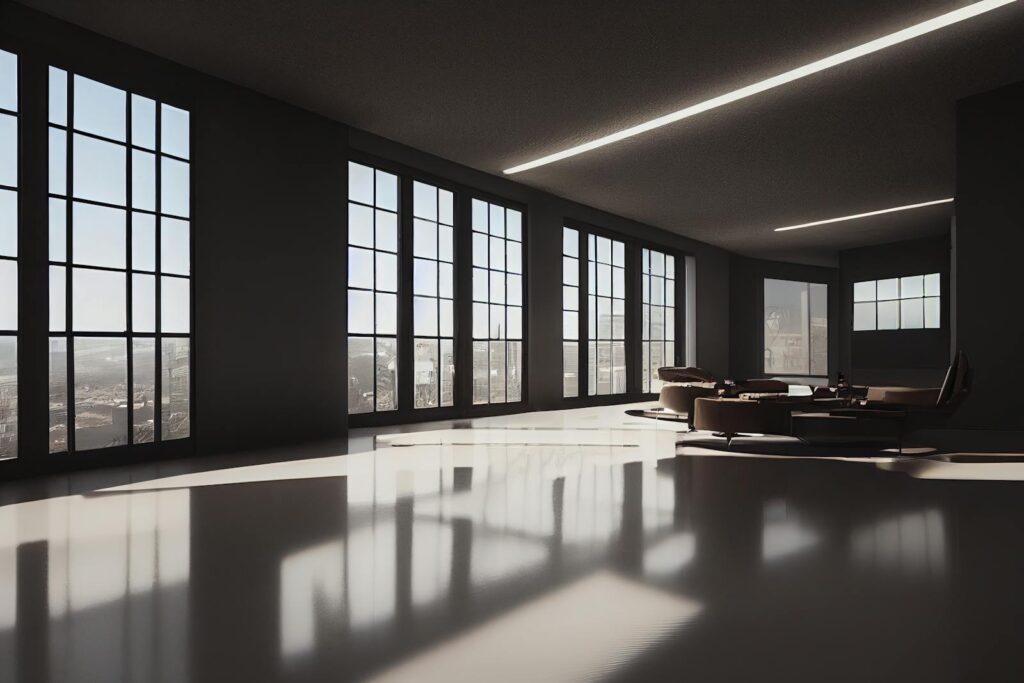 Spacious modern penthouse interior with large glass windows and city view