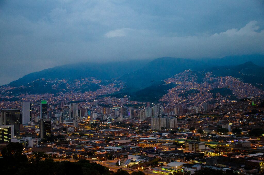 Medellín skyscraper lit at night