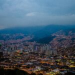 Medellín skyscraper lit at night
