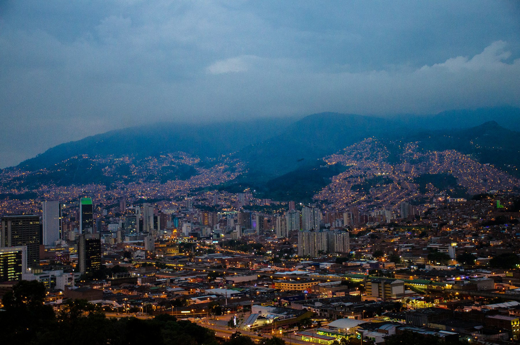 Medellín skyscraper lit at night