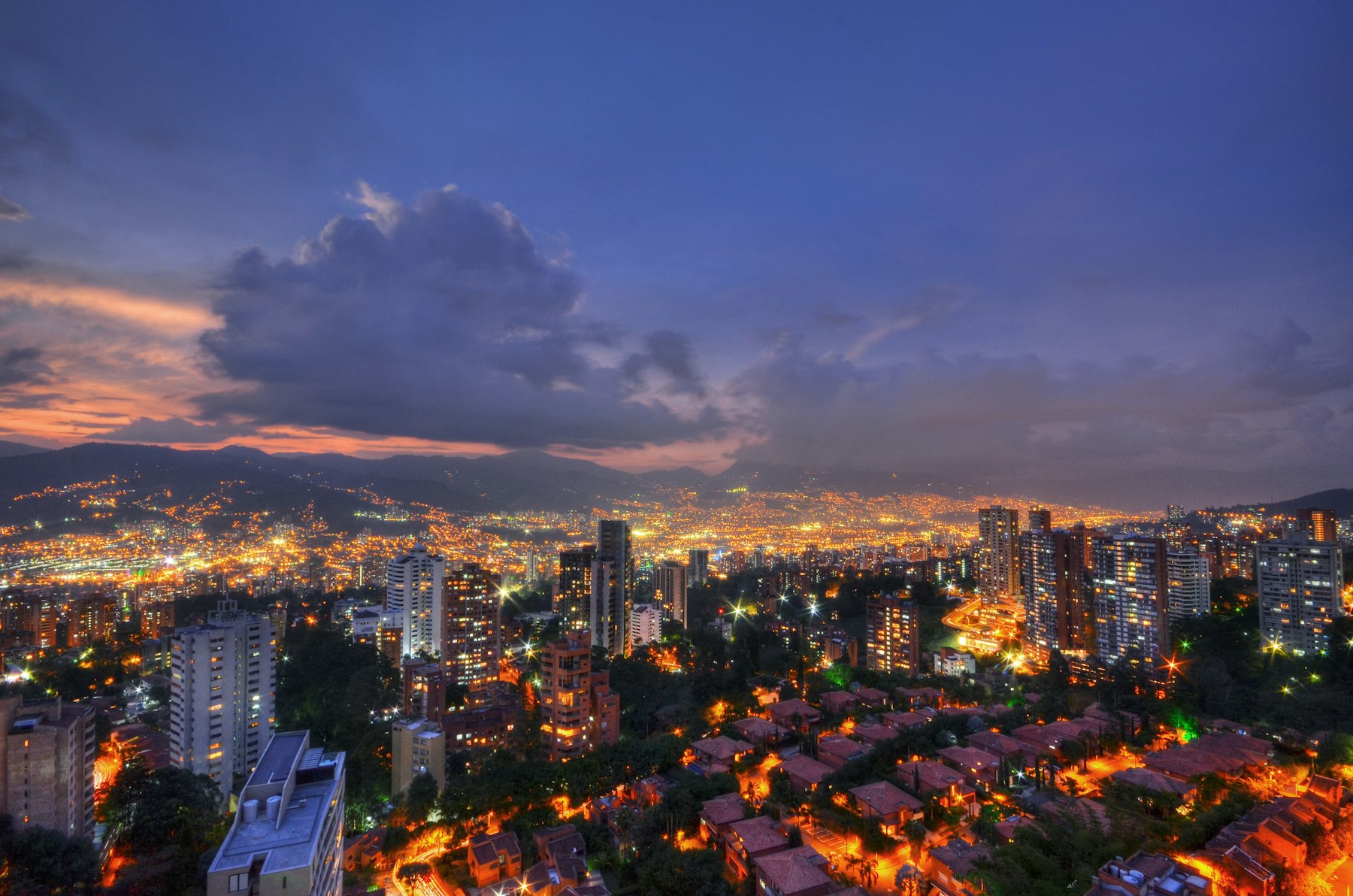 Medellín high-rise buildings at sunset